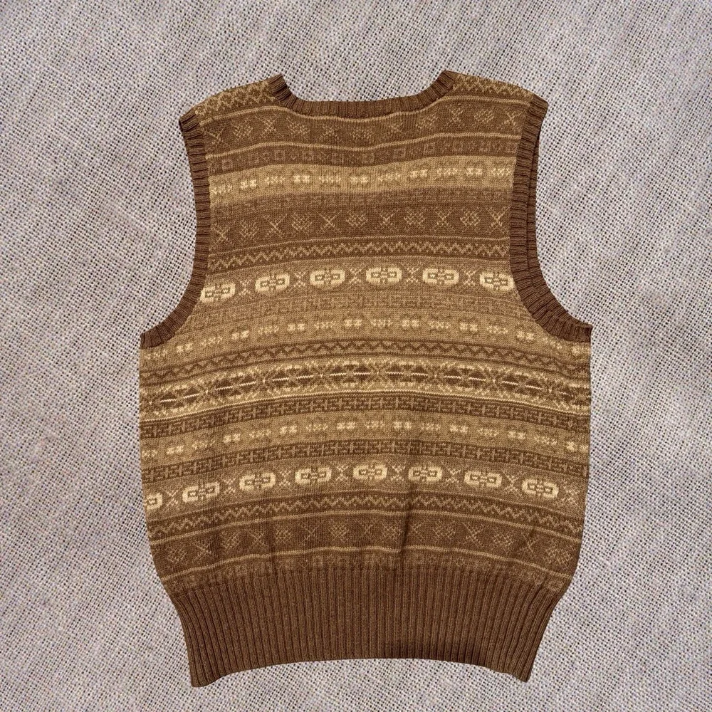 Polo Ralph Lauren Knit Sweater Fair Isle  Vest Brown Beige Cotton Cashmere L - Picture 4 of 7